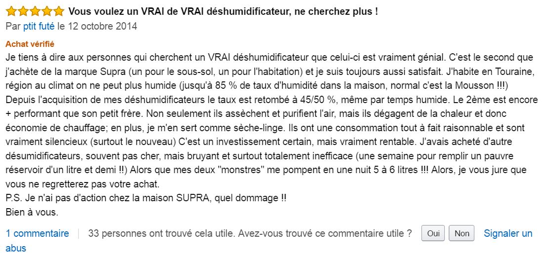 supra_DU201_deshumidificateur_electrique_meilleur_commentaire_client_amazon